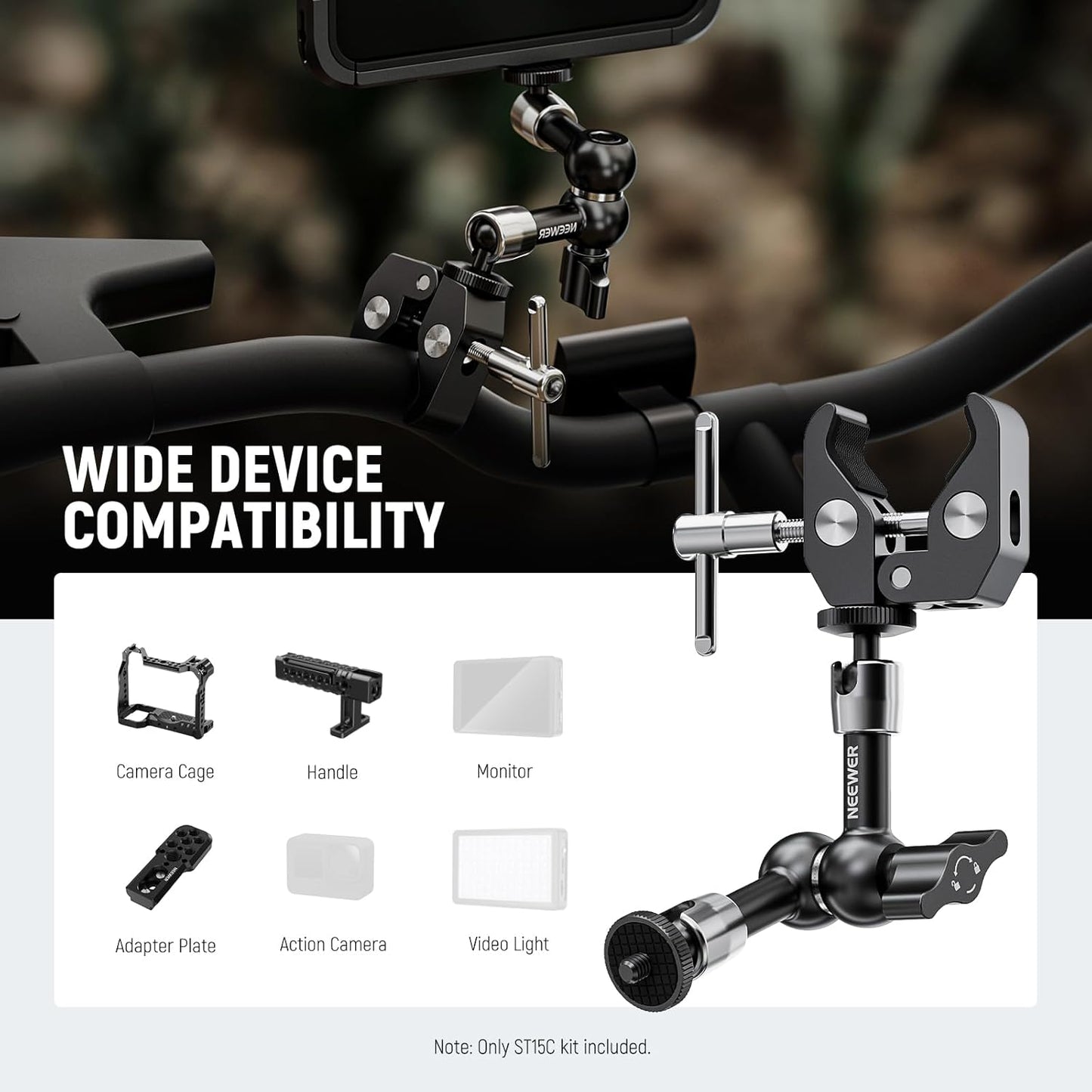NEEWER 6"/15cm Adjustable Magic Arm with Super Clamp, 1/4" & 3/8" Threads, 1/4" Screws for Flash/LED Light/Microphone/Monitor, Compatible with SmallRig Camera Cage, Max Load: 4.4lb/2kg, ST15C