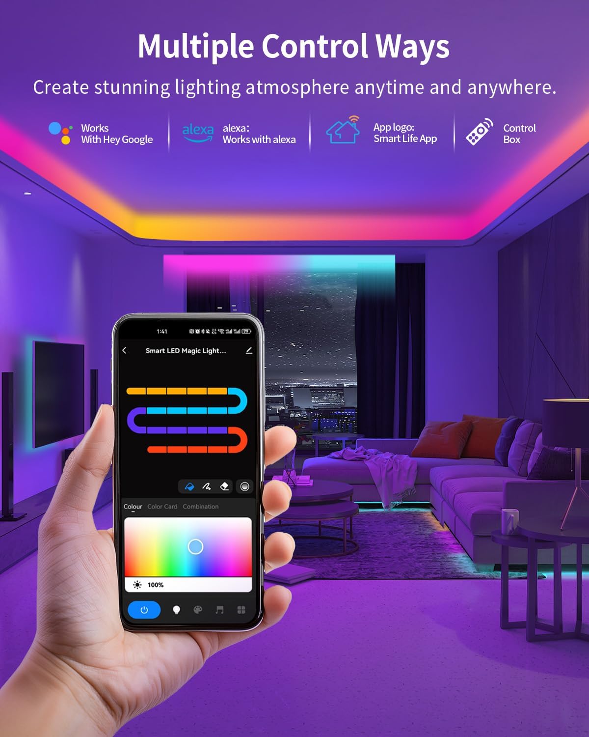 RGB+IC LED Strip Lights, Smart LED Light for Bedroom, Color Changing LED Strips with 44 Scene Modes, Segmented Control, for Bedroom Home TV Wall Décor, Party, Festival, Gathering