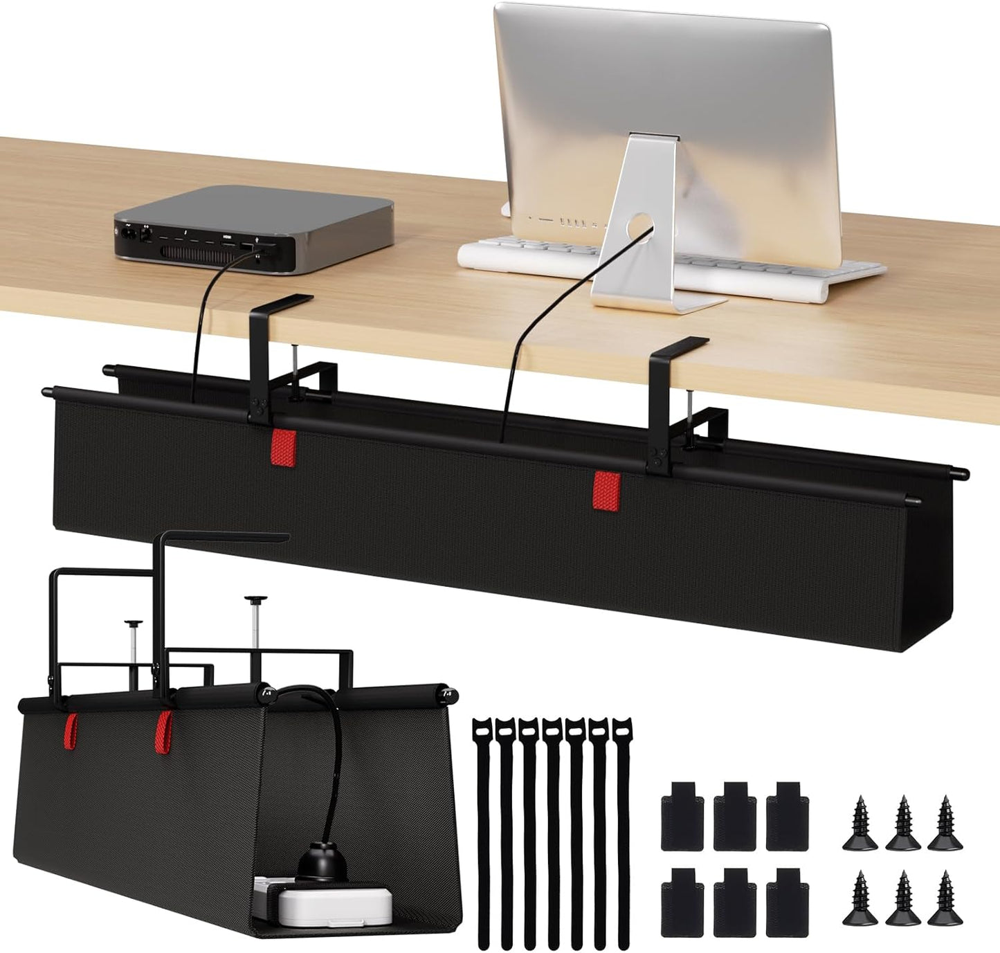 Under Desk Cable Management Tray - 36" Cord Organizer for Desk No Drill, Fabric Under Table Wire Organizer with 16X Cable Ties Hide for Office/Home, Cord Hider Fits Adapters & Sockets, Black
