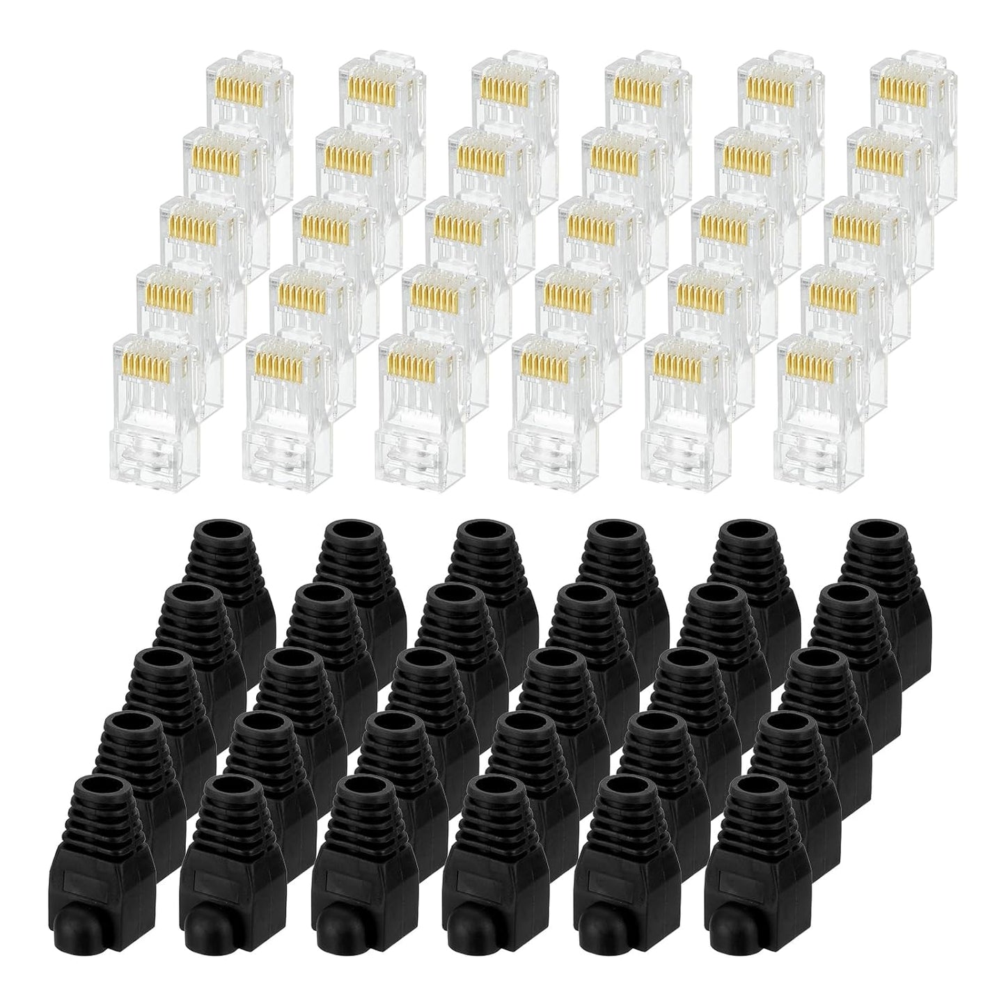 MECCANIXITY 60pcs Cat6 RJ45 Pass Through Connectors, RJ45 Connector 8P8C Gold Plated Plugs with 60pcs Black Strain Relief Boots for Solid or Stranded UTP Ethernet Cable, 1.1mm