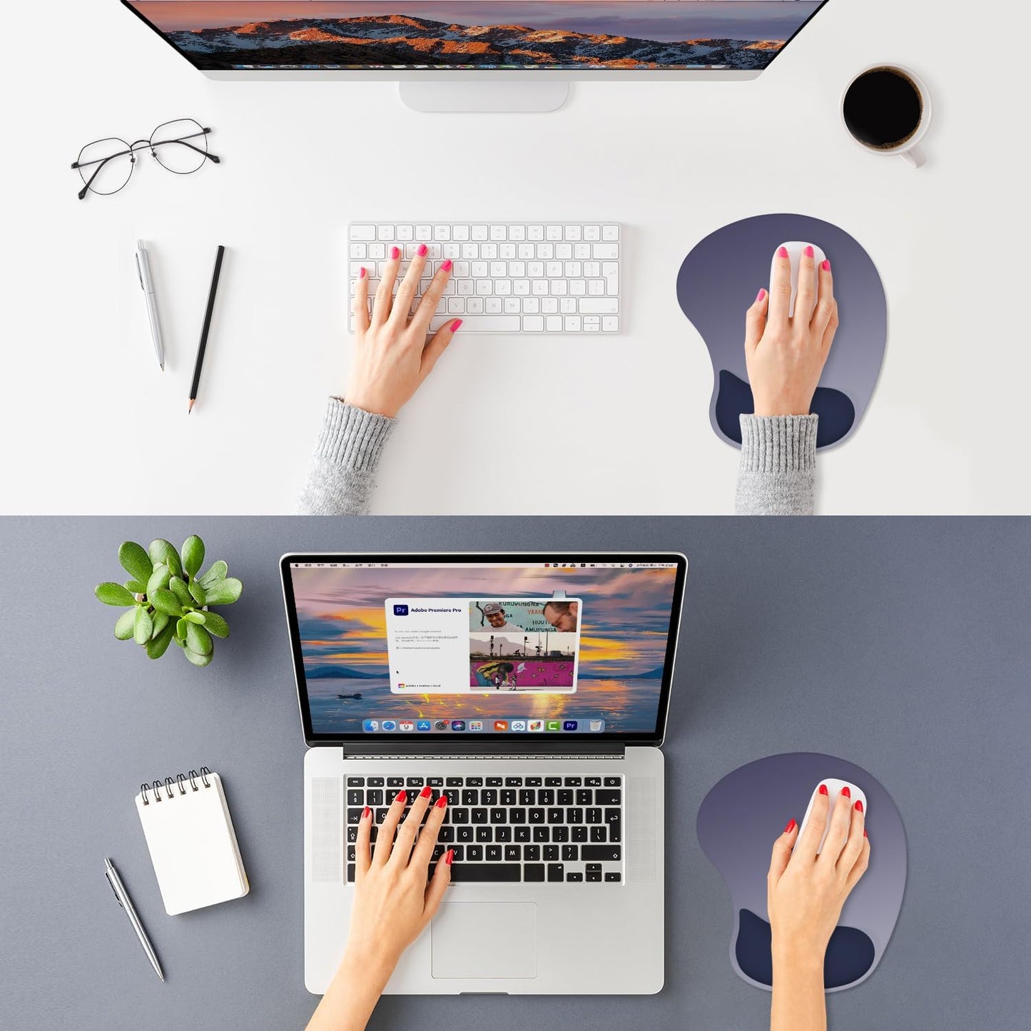 ITNRSIIET Ergonomic Mouse Pad, Cushioned Gel Wrist Rest, Non-Slip Base, Smooth Surface, Cute Multi-Color, 9.5 x 8.2 in, Gray Blue Gradient