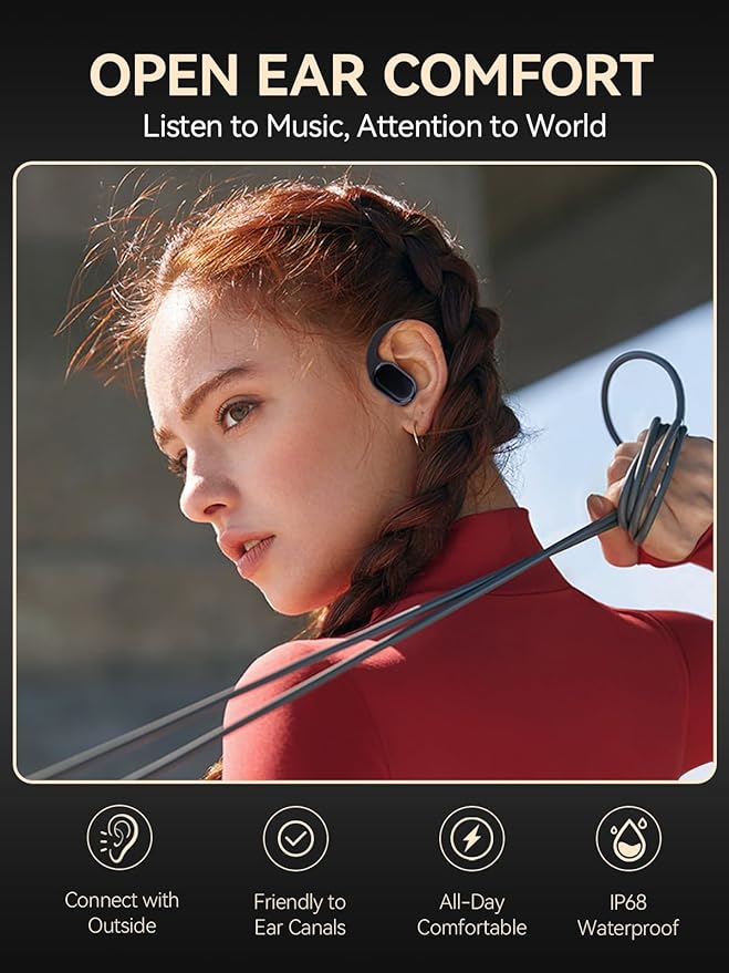 True Wireless Bone Conduction Earphones, OWS Open Ear Headphones with Earhooks, Bluetooth 5.3, Up to 60H Playtime with Case, IP68, AAC/SBC, for Cycling Yoga Workouts