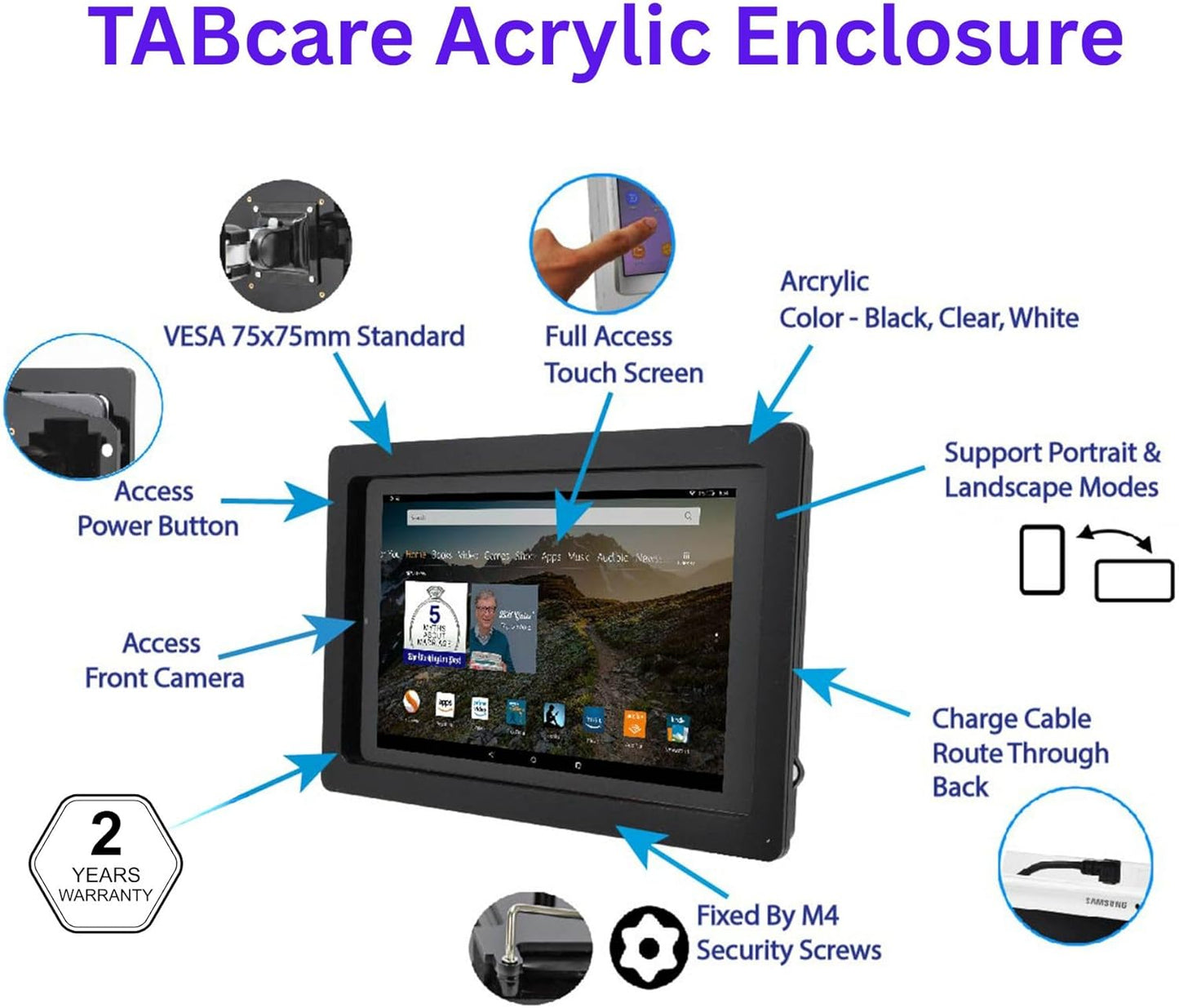 TABcare Anti-Theft Acrylic VESA Enclosure for Galaxy TAB A 8.0" w S-Pen Tablet with Free Wall Mount Kit & 90-Degree Angle Charge Cable (TAB A 8.0 w S-Pen SM-P200, White)