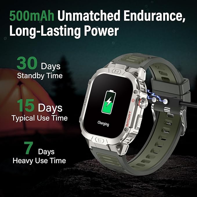 Military Smart Watch for Men, 2.02" Outdoor Sport Smartwatch with Flashlight, Heart Rate Blood Oxygen Blood Pressure Sleep, 100+ Sport Modes Fitness Tracker Compatible Android and iOS Green