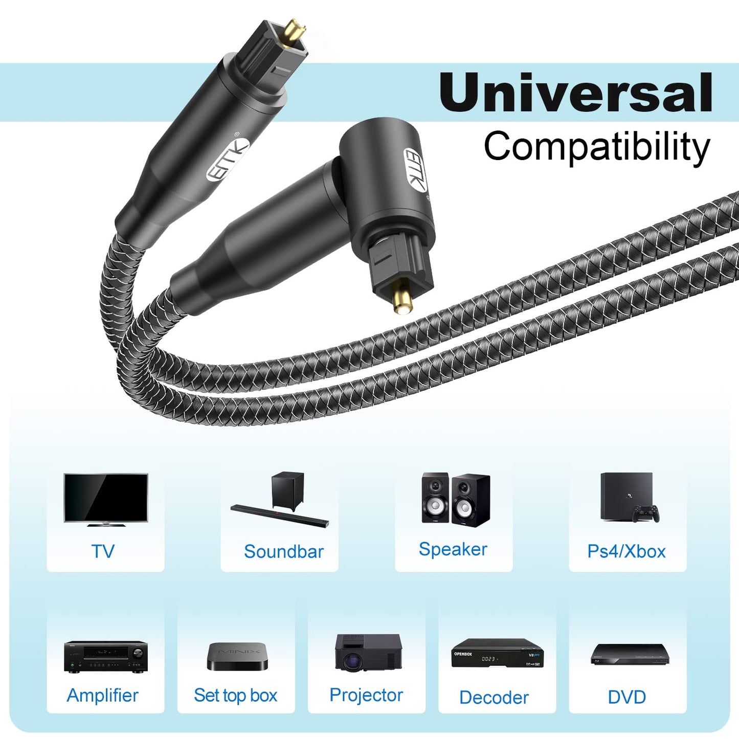 EMK 90 Degree Right Angle Optical Audio Cable [30ft/10M] - 360° Rotatable Digital Toslink SPDIF Cable for Soundbar to TV, Home Theater - Black Fiber Optic Cable with Angled Connector