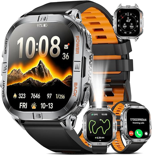Military Smart Watches for Men,Built-in GPS/LED Flashlight/Compass/600mAh Battery,2.13" AMOLED Outdoor Sports Smartwatch with 170+ Sport Modes,5ATM Waterproof Fitness Tracker for iOS Android,Silicon