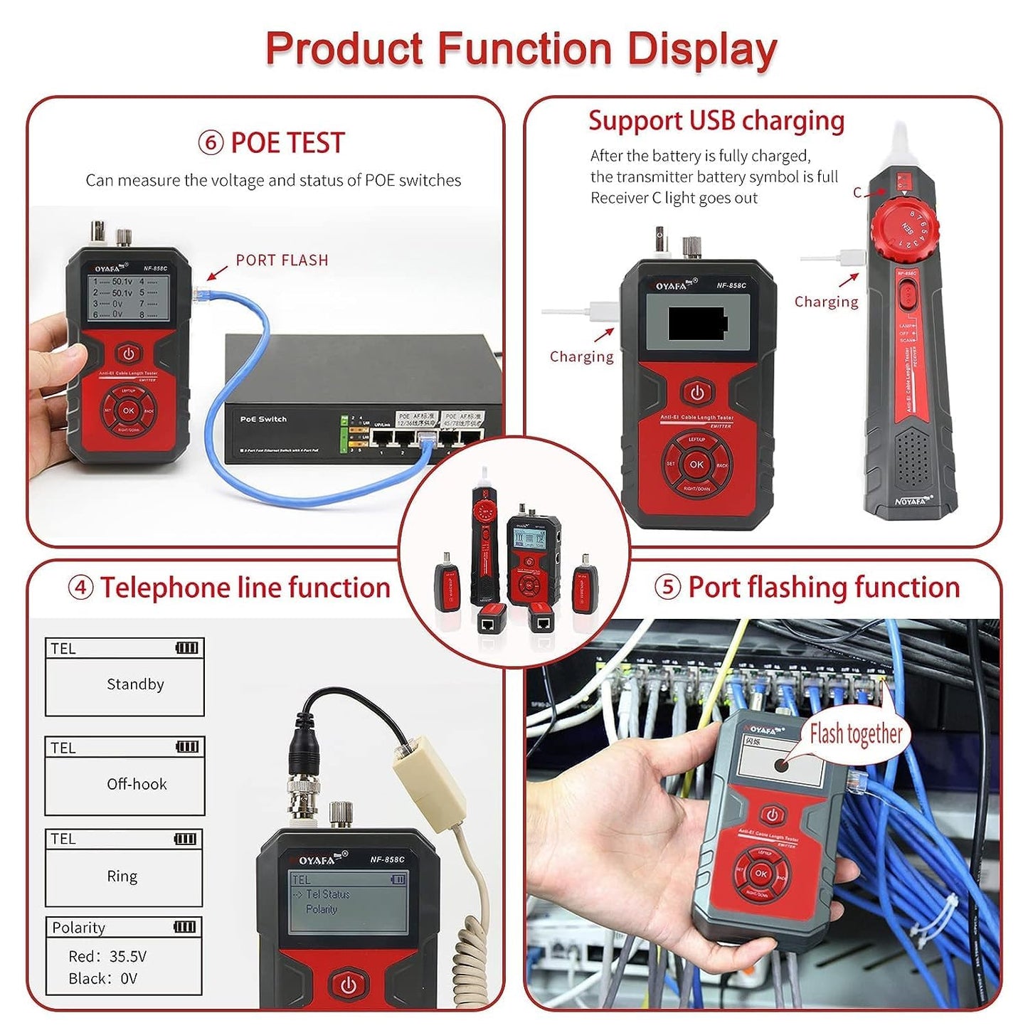 NOYAFA NF-858C Network Cable Tester Multifunctional with VFL Function,RJ11 RJ45 BNC,POE Voltage Testing Trace Cable Line Locator for Telephone/Ethernet/LAN Coax Cable Rechargeable Anti-Interference