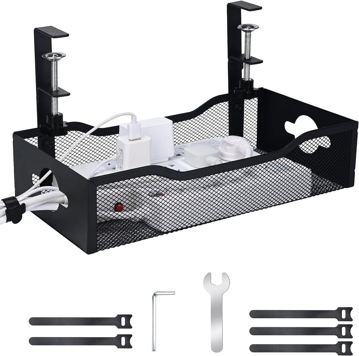 Large Under Desk Cable Management Tray - Heavy Duty Metal Cord Organizer with No Drill Installation for Office & Home Office Desks to Hide Wires & Power Strips (Black, XL)