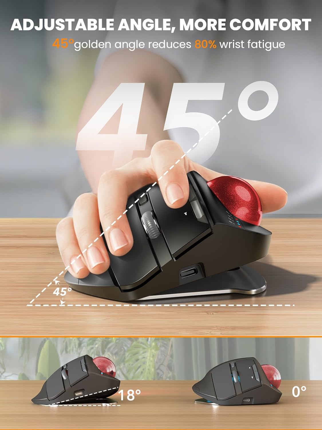 Wireless Trackball Mouse, Ergonomic Bluetooth Rechargeable Computer Mouse, Backlit Rollerball Thumb Laptop mice with 5 Level DPI, Adjustable Angle, 3 Devices Connection for PC, Windows - Red Ball