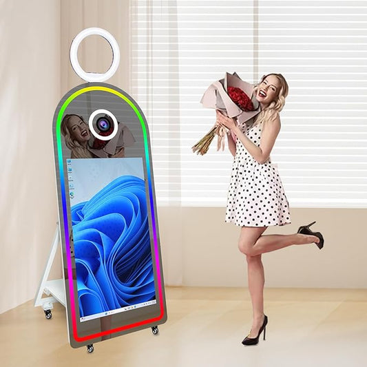 Photo Booth for Sale,65 inch Magic Mirror Photo Booths,43 inch Magic Mirror Photo Booth Touch Screen Photobooth Machine with Flight Case for Event Rental Wedding Parties(White, Without Camera Printer)