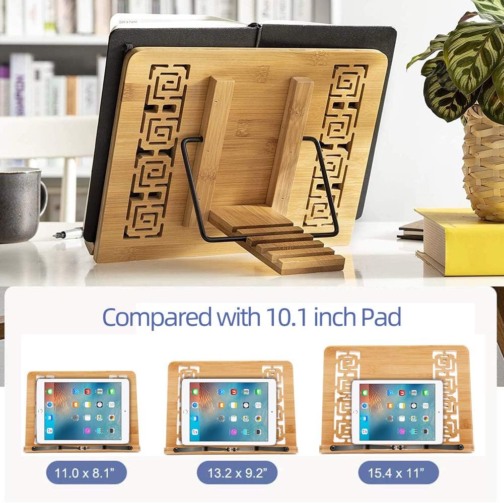 wishacc Large Size Bamboo Book Stand and Cookbook Holders for Reading Hands Free