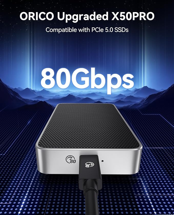 ORICO 80Gbps M.2 NVMe SSD Enclosure Silent Fanless Compatible with Thunderbolt 5/4/3/USB4 X50 Dual-chip USB3.2/3.1/3.0 M-Key/(M&B) Key NVMe SSDs up to 8TB Fanless Silent Cooling- X50PRO