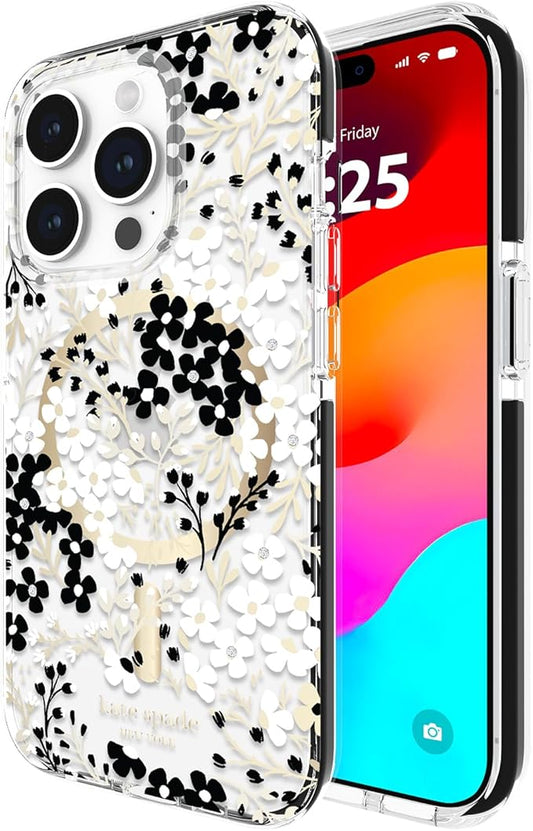 kate spade new york iPhone 15 Pro Case, Compatible with MagSafe - Multi Floral Black and White