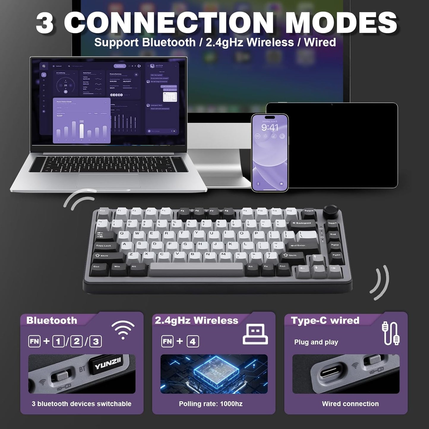 YUNZII B75 PRO Wireless Mechanical Keyboard,75% Layout with Knob,Hot Swap Gasket Custom Structure,Creamy Pre-lubed Switches,RGB Backlit,BT/Type-C/2.4G for Win/Mac(Cocoa Cream V2 Switch,Dark Grey)