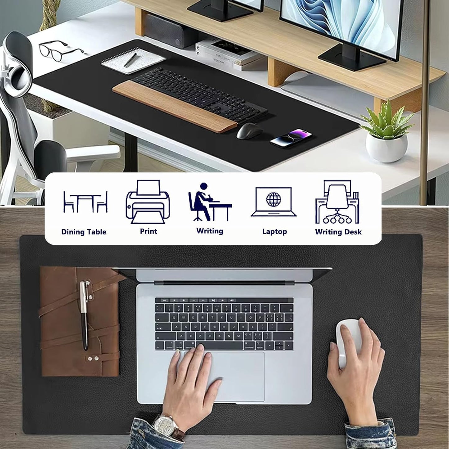 PU Leather Desk Pad Protector Gaming Mouse Pad Non Slip Desk Mat for Keyboard and Mouse Waterproof Desk Writing Pad for Office and Home Desk Accessories(Black, 23.6 * 11.8)
