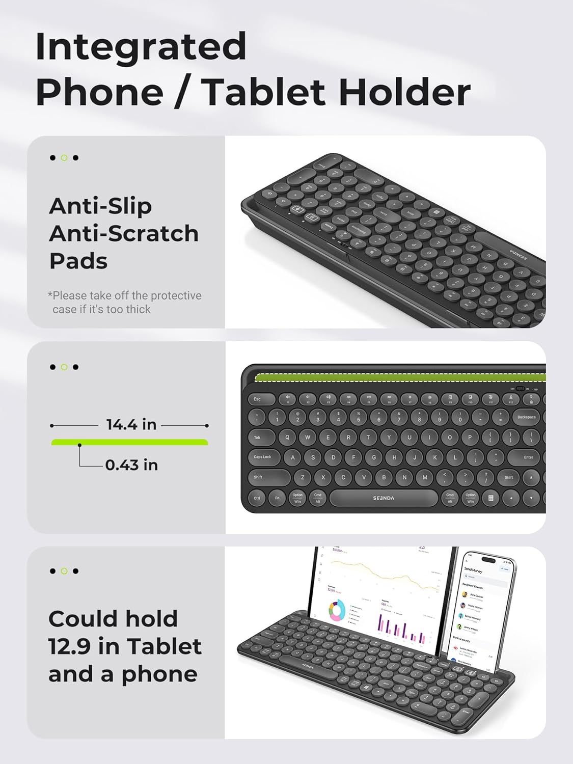 seenda Bluetooth Keyboard and Mouse for iPad, Multi-Device Bluetooth + 2.4G Wireless Keyboard Mouse with Tablet Holder for MacBook/Windows Computer, iOS/Andriod Tablet Phone, Black