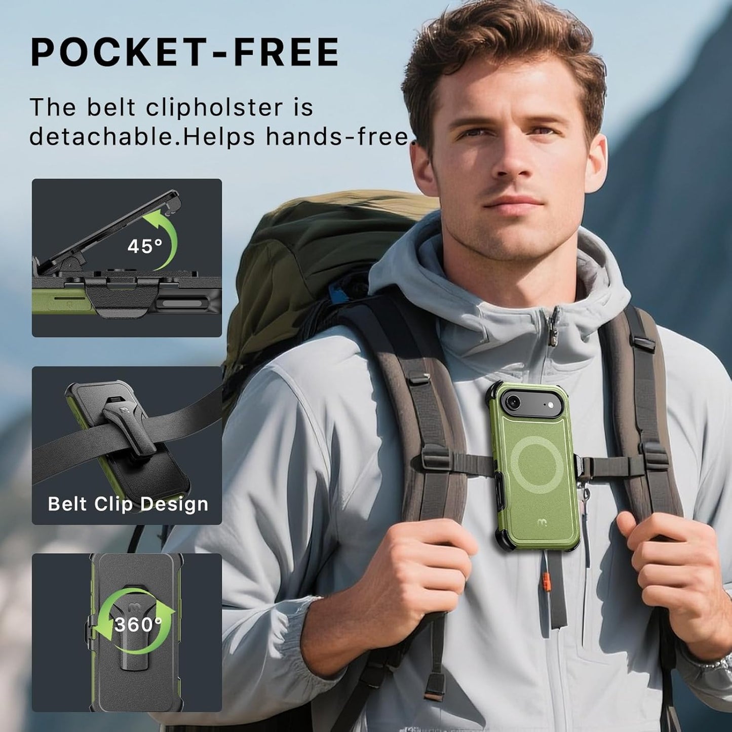 M MYBAT PRO for iPhone Air Case with Belt Clip Holster,[Compatible with Magsafe] w/Screen Protector,Anti-Drop,Shockproof,w 360°Rotating Kickstand,Heavy Duty Protection (Army Green)