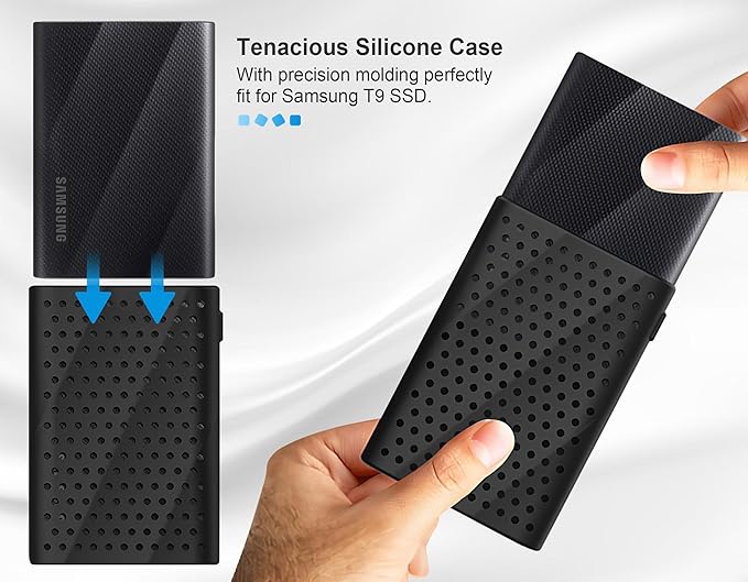 Lacdo Silicone Carrying Case for Samsung T9 Portable SSD 1TB 2TB 4TB External Solid State Drive, Soft Silicon Protective Sleeve Cover Skin for T9 SSD, Travel Pouch Storage Bag with Lanyard, Black
