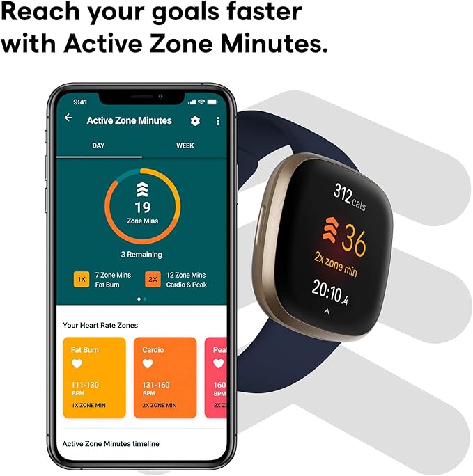 Fitbit Versa 3 Health & Fitness Smartwatch with GPS, 24/7 Heart Rate, Alexa Built-in, 6+ Days Battery, Midnight Blue/Gold, One Size (S & L Bands Included)