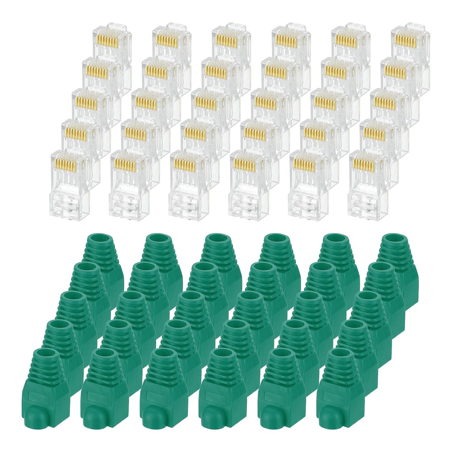 MECCANIXITY 60pcs Cat6 RJ45 Pass Through Connectors, RJ45 Connector 8P8C Gold Plated Plugs with 60pcs Green Strain Relief Boots for Solid or Stranded UTP Ethernet Cable, 1.1mm