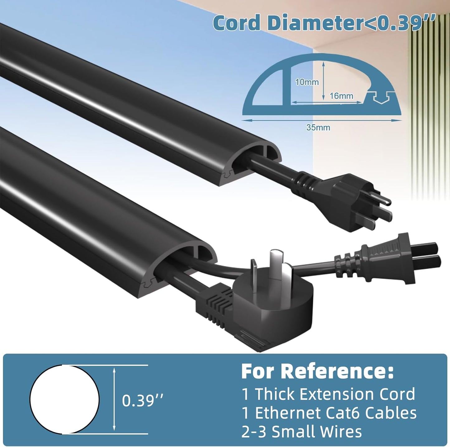 6ft Side Buckle Floor Cord Cover for Wires, Selfadhesive Extension Cord Hider Easy Floor Cable Management Prevent Cable Trips,Silicone Floor Wire Covers for Cords, Cable Protector Cord Cavity（Black）