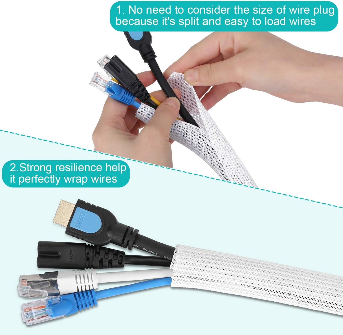 6.6ft - 2/3 inch White Cable Sleeve, Cable Organizer for Desk PC TV Computer, Wire Protector Cable Wrap Cover, Cord Management for Home Office