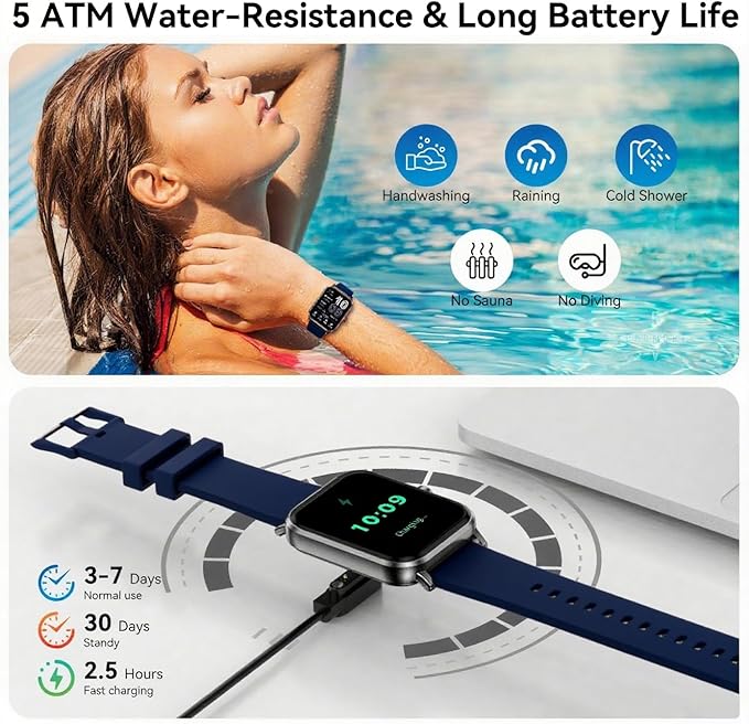Smart Watches for Men Women, 1.83" HD Touchsreen, Bluetooth Calling, 5 ATM Water-Resistance, 130+ Sports Modes, Health, Fitness & Sleep Tracker, Timer, Pedometer, Fitness Watch for Android/iOS, Blue