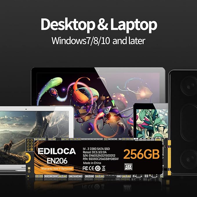 EN206 256GB 3D NAND TLC M.2 SSD, M.2 2280 SATA III 6Gb/s SSD Internal Hard Drive, Read/Write Speed up to 550/460 MB/s, Compatible with Ultrabooks, Tablet Computers and Mini PCs