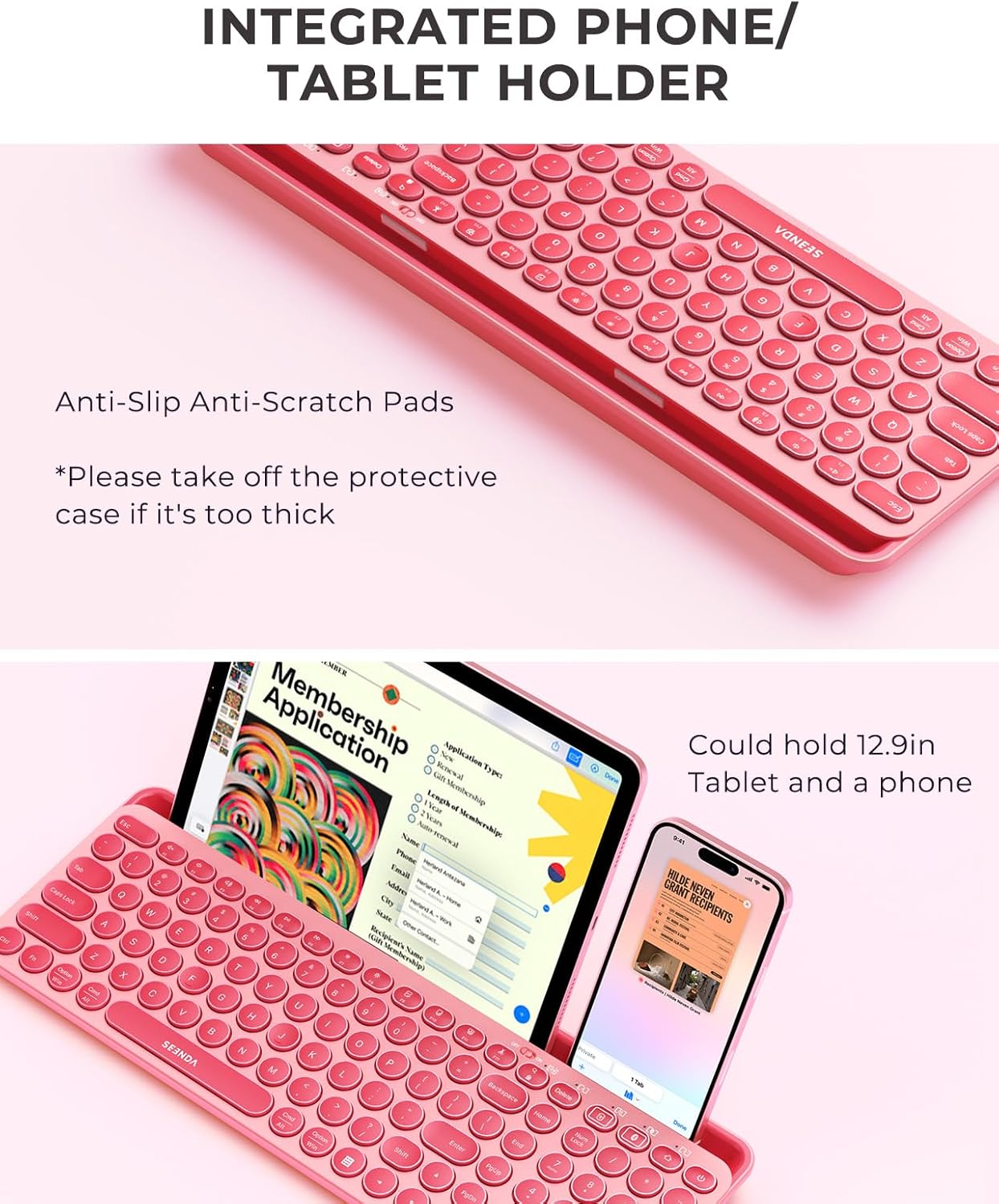seenda Bluetooth Keyboard and Mouse for iPad, CTU-301 Multi-Device Bluetooth + 2.4G Wireless Keyboard Mouse with Tablet Holder for MacBook/Windows Computer, iOS/Andriod Tablet Phone, Coral Pink
