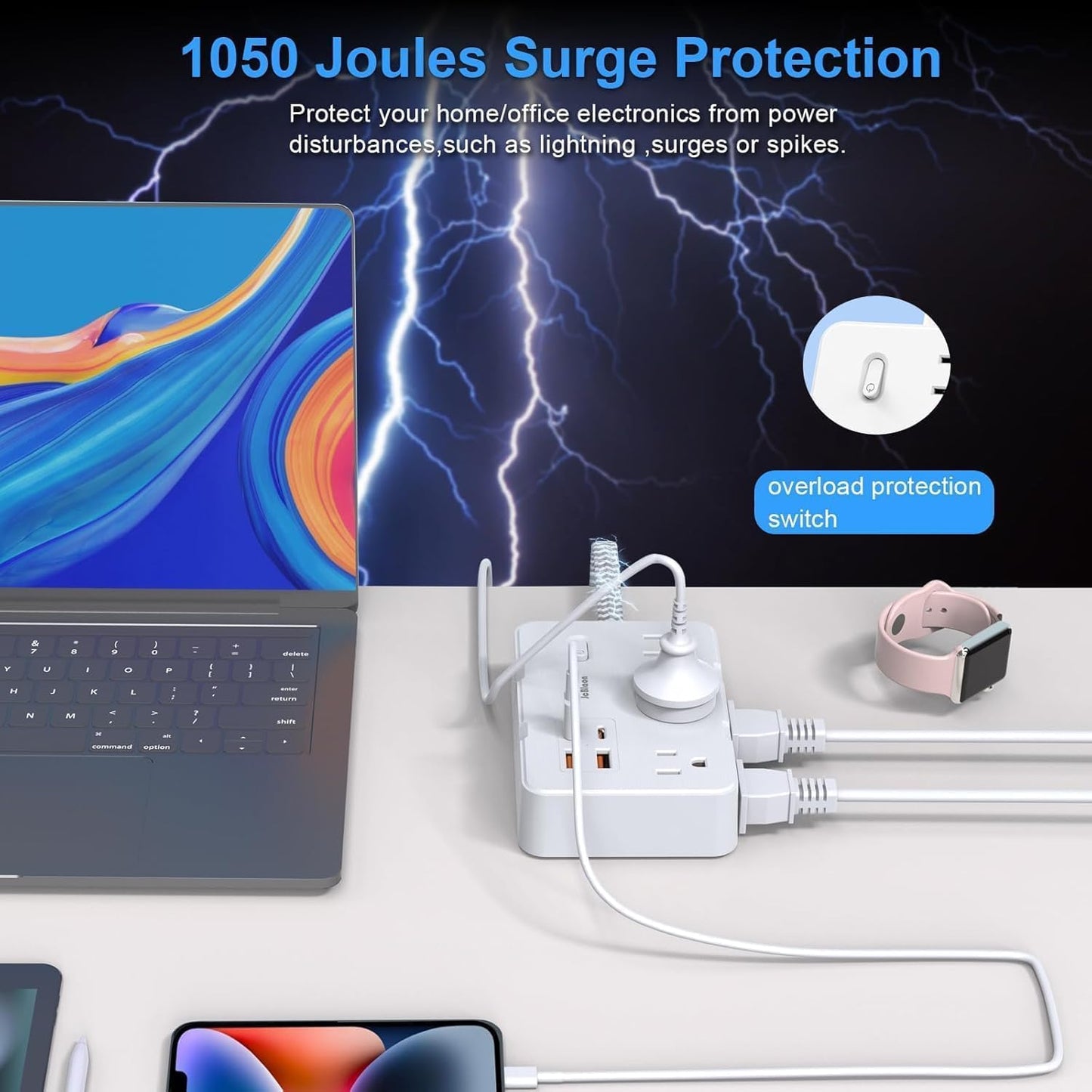 Surge Protector Power Strip, 15 Ft Cord Ultra Thin Flat Extension Cord with 6 Outlets 4 USB Ports(2 USB C), 1050J Flat Plug Power Strip for College Dorm Room Essentials