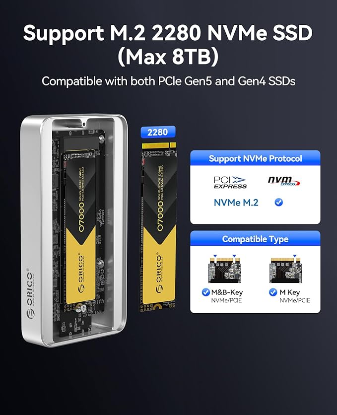 ORICO 80Gbps M.2 NVMe SSD Enclosure Silent Fanless Compatible with Thunderbolt 5/4/3/USB4 X50 Dual-chip USB3.2/3.1/3.0 M-Key/(M&B) Key NVMe SSDs up to 8TB Fanless Silent Cooling- X50PRO
