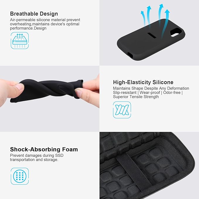Lacdo Carrying Case for SanDisk Extreme Portable SSD, Hard EVA Case + Soft Silicone Case Protective Cover for SanDisk Extreme External Solid State Drive 500GB 1TB 2TB 4TB 8TB SanDisk SSD Case, Black