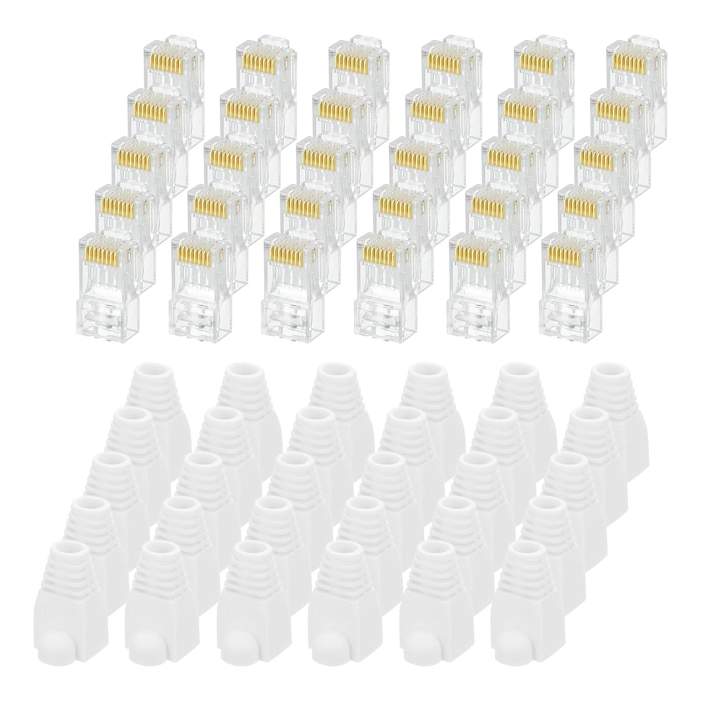 MECCANIXITY 60pcs Cat6 RJ45 Pass Through Connectors, RJ45 Connector 8P8C Gold Plated Plugs with 60pcs White Strain Relief Boots for Solid or Stranded UTP Ethernet Cable, 1.1mm