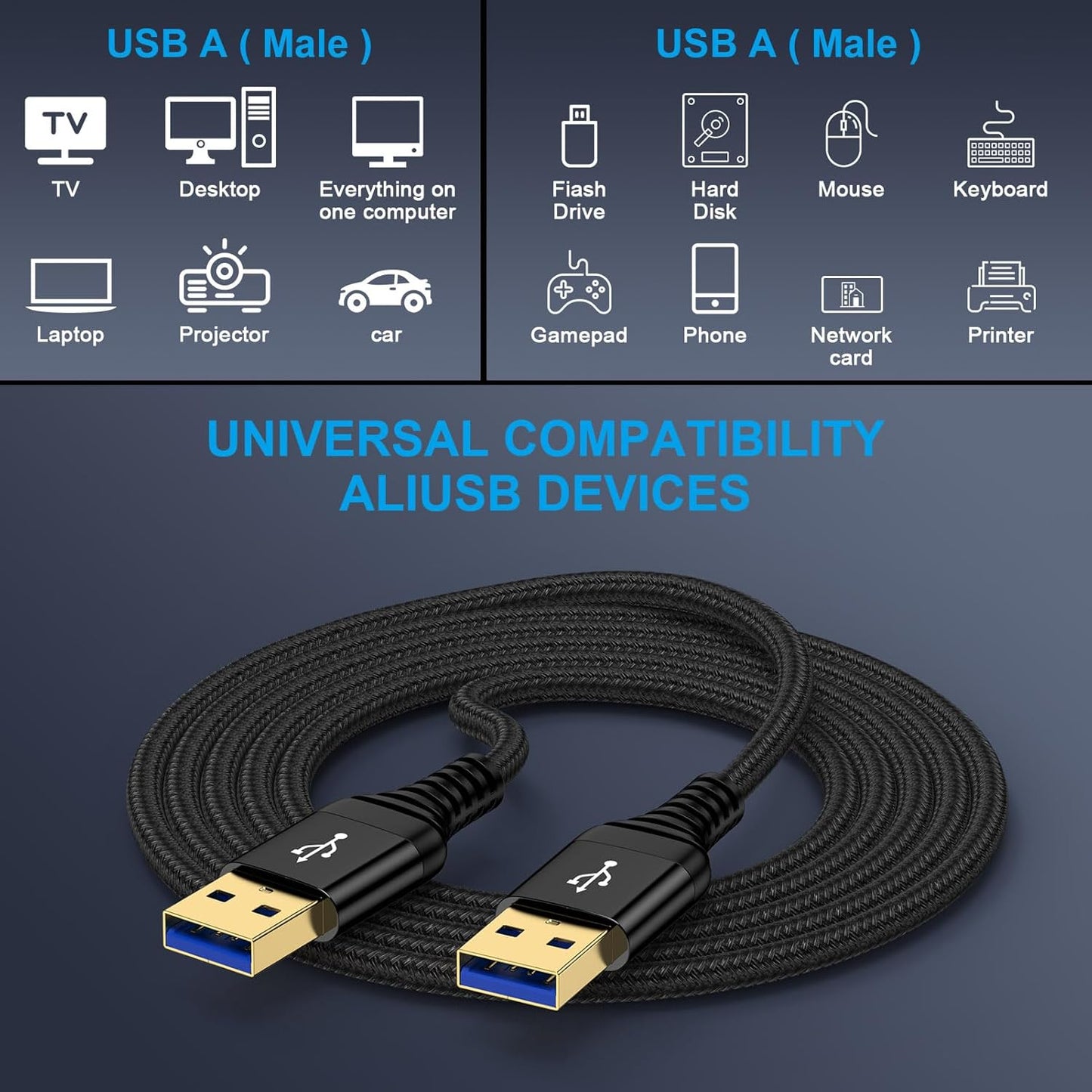 USB 3.0 A to A, 6 FT, Male to Male Cable Double End USB Cord Data Transfer Cord for External Hard Driver,DVD Player,Laptop Cooler,TV,Sound Bar,Monitor,USB3.0 Hub,Projector,Set Up Box,Printer,Camera