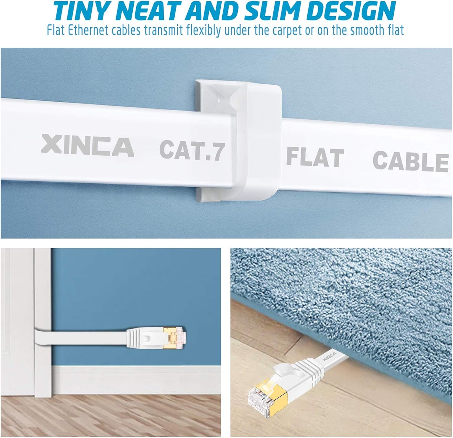 Cat 7 Flat Ethernet Cable 15ft White, High Speed 10GB Shielded (STP) LAN Internet Network Cable Ethernet Patch Computer Cable with Rj45 Connectors and 5pcs Adhesive Cable Clips