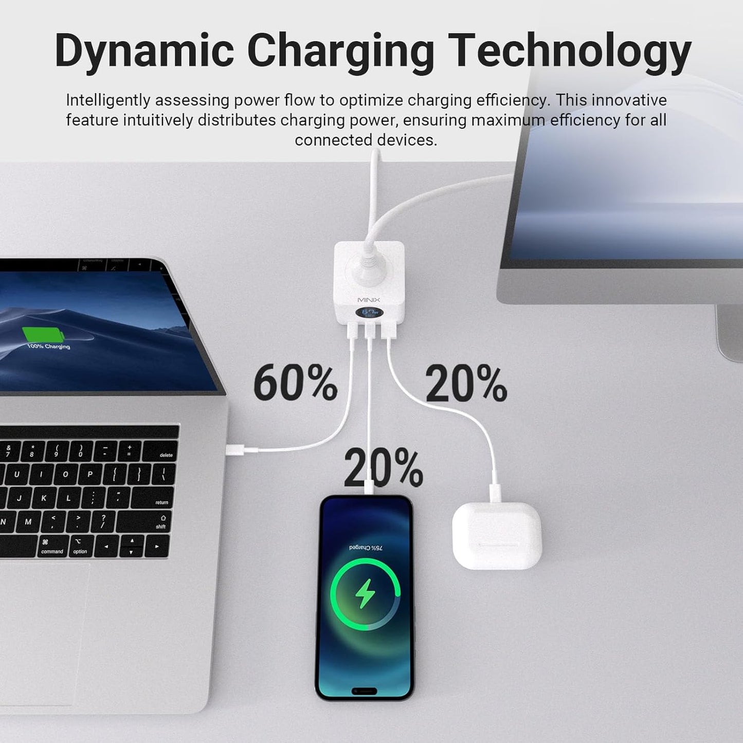 MINIX 67W USB C Charger with 3 Outlets, Gan 3-Port Compact Cube Fast Power Strip Surge Protection, 5ft Extension Cord, for MacBook Pro/Air, iPhone 15/14/Pro, Galaxy S23/S22, for Dorm, Home & Office