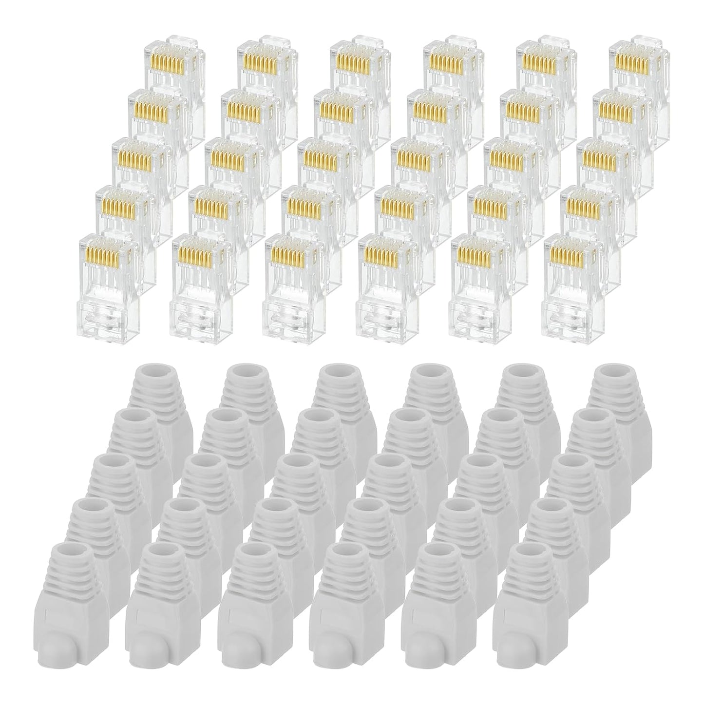 MECCANIXITY 60pcs Cat6 RJ45 Pass Through Connectors, RJ45 Connector 8P8C Gold Plated Plugs with 60pcs Light Grey Strain Relief Boots for Solid or Stranded UTP Ethernet Cable, 1.1mm