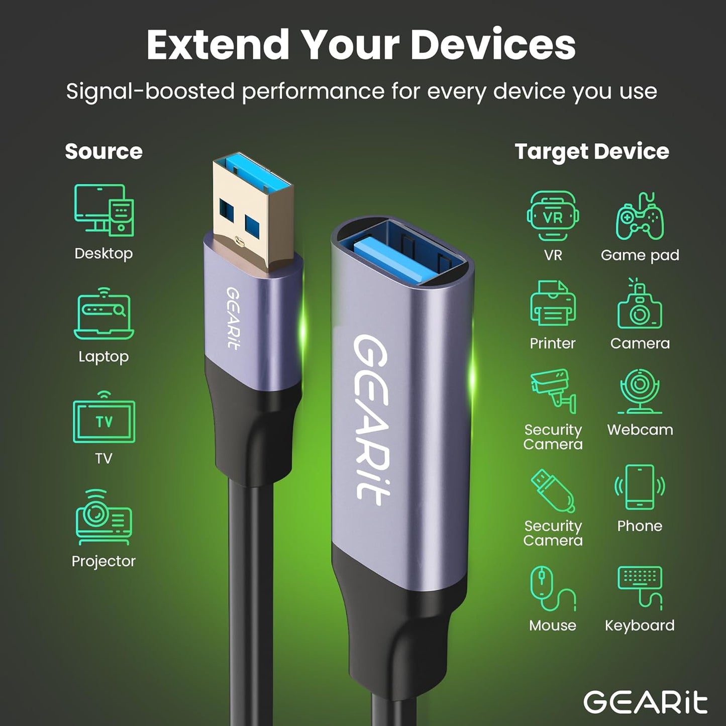 GEARit USB 3.0 Active Extension Cable (30 Feet) A-Male to A-Female USB Repeater with Signal Booster for Oculus Rift, Quest Link, Xbox 360 Kinect, PlayStation, Printer, Webcam - 30ft