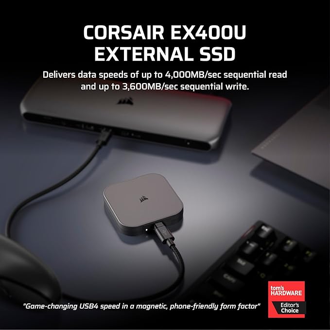 Corsair EX400U 2TB USB4 Portable External Type-C SSD – Up to 4,000MB/s Read, 3,600MB/s Write, USB 3.2 Gen2 2x2, Plug and Play, Thunderbolt 4, MagSafe, Includes 40Gbps Cable, Windows PC, iOS Mac – Gray
