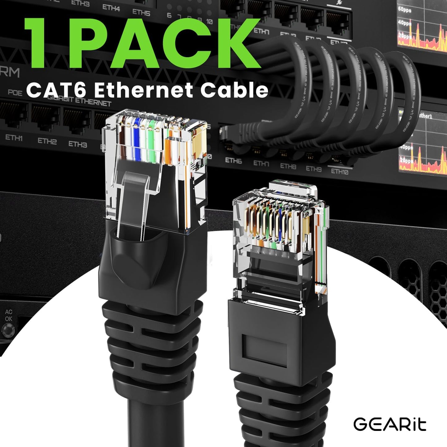 GEARit Cat 6 Ethernet Cable (1-Pack 50 Feet) Cat6 Network Patch, 10Gbps, RJ45, Snagless Cord, Gold-Plated Connectors, Internet for PC, TV, Tablet, Router, Printer, Servers, IT Data Center - Black
