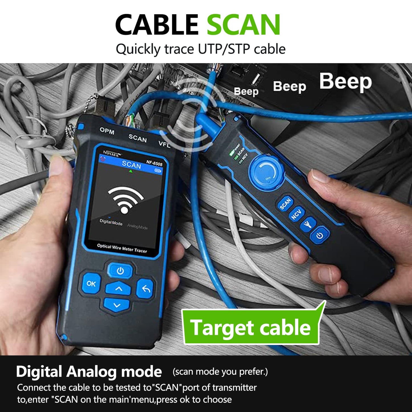 NOYAFA NF-8508 Network Cable Tester with 7 wavelength Optical Power Meter VFL,RJ11 RJ45/PoE Tester/CAT5 CAT6/NCV with 10mw Visual Fault Locator,Network Tool with Lithium Battery