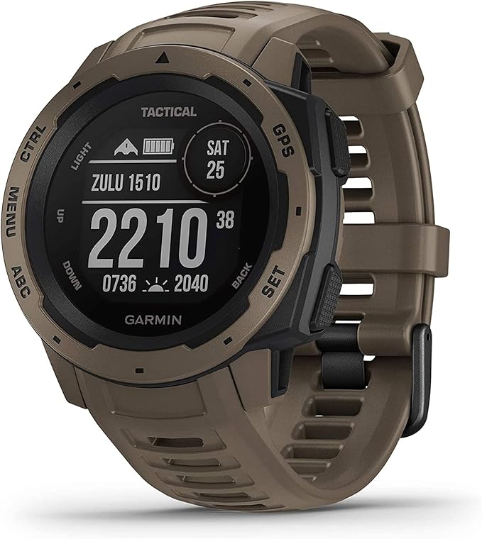 Garmin 010-02064-71 Instinct Tactical, Rugged GPS Watch, Tactical Specific Features, Constructed to U.S. Military Standard 810G for Thermal, Shock and Water Resistance, Tan