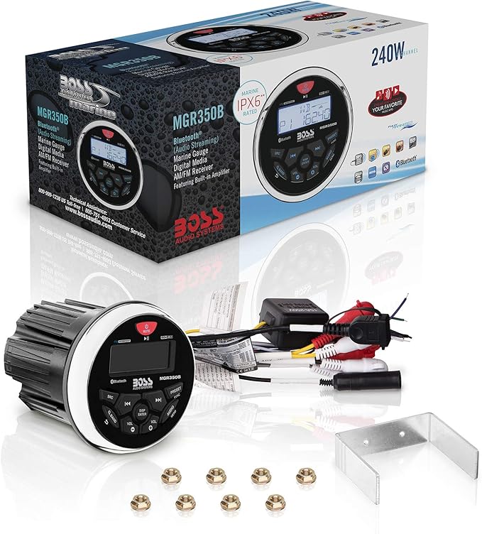 BOSS Audio Systems MGR350B Marine Boat Stereo Gauge Receiver – Bluetooth Head Unit, No CD DVD Player, Built-in 4 Channel Amplifier, Weatherproof, USB, USB Charging