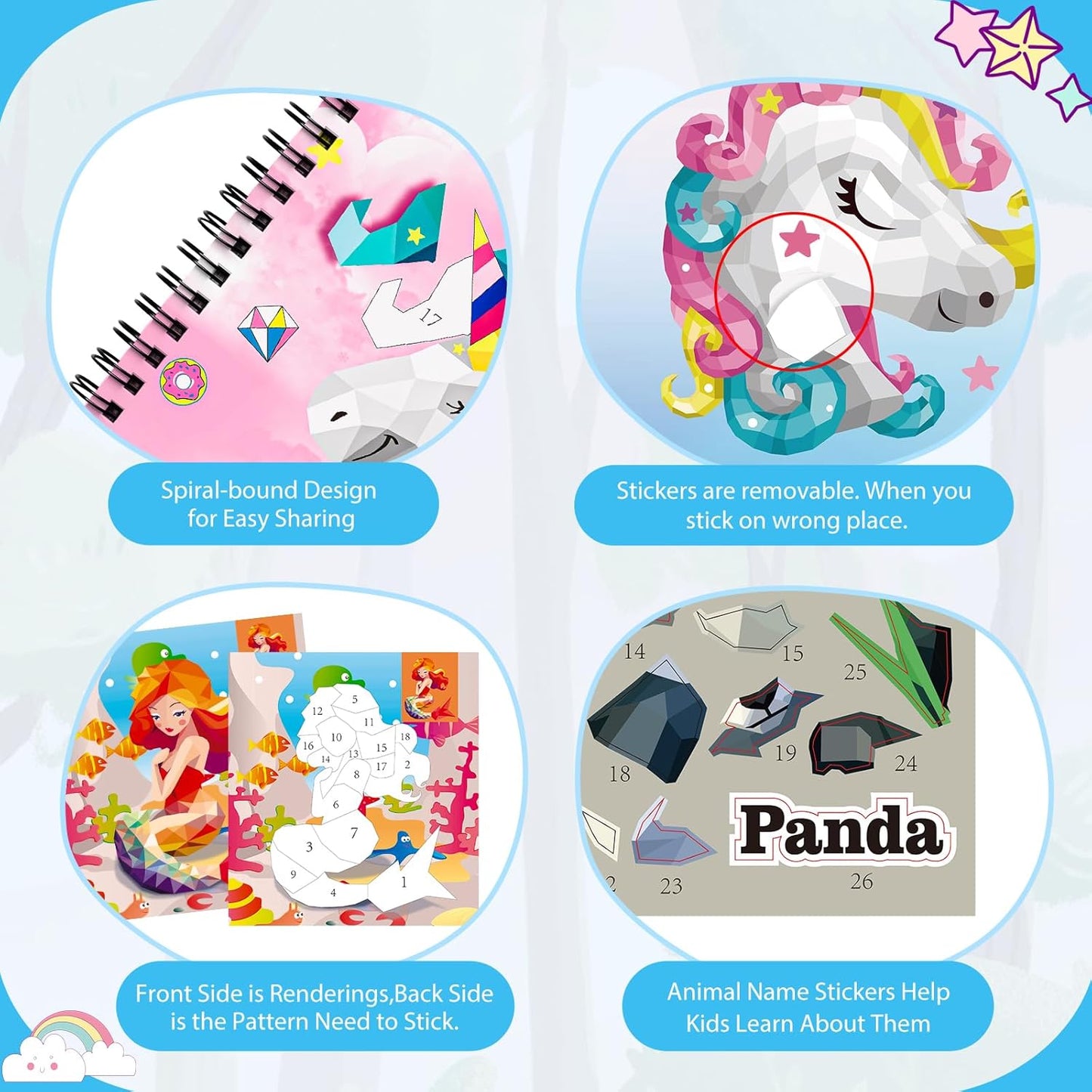 homicozy 4PCS Sticker Paint Books for Kids Ages 4-10,Unicorn Mermaid Animals Designs Paint by Stickers,Sticker by Numbers,Party Birthday Gifts for Girls 4-10,Create 40 Pictures One Stickers at A Time