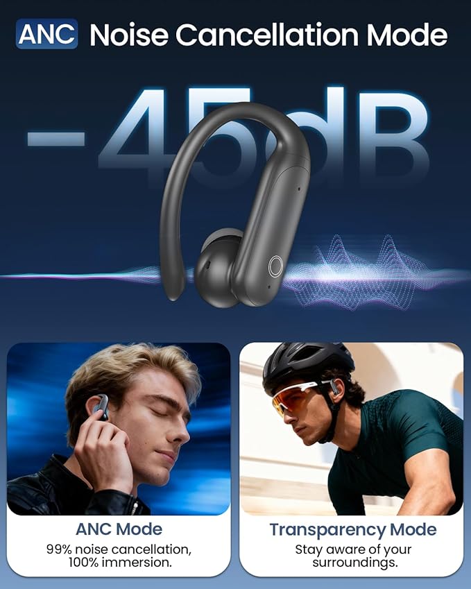 LEEMC Wireless Earbuds, Bluetooth Headphones 6.0, Ear Buds with Touch Screen, ANC ENC Noise Cancelling, 40H Bass Stereo Sound Over-Ear Earphones for iOS, Android, Sports, Workout，Charcoal