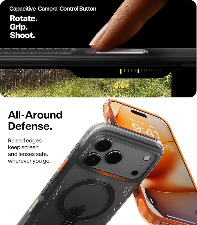 TORRAS Ostand Q3 Air for iPhone 17 Pro Case 6.3'' with Stronger Magnetic Stand, Fit for Magsafe, Airbags Miltary Protection, Camera Control for iPhone 17 Pro Case, Shockproof & Stylish, Shadow Black