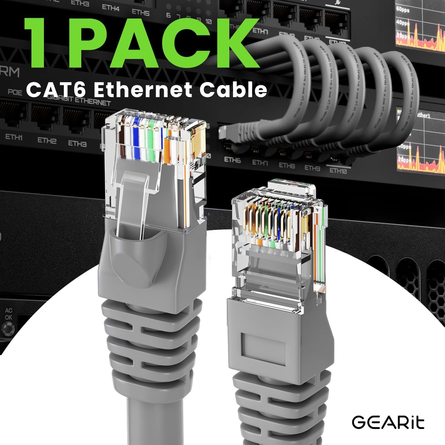 GEARit Cat 6 Ethernet Cable (1-Pack 25 Feet) Cat6 Network Patch, 10Gbps, RJ45, Snagless Cord, Gold-Plated Connectors, Internet for PC, TV, Tablet, Router, Printer, Servers, IT Data Center - Gray