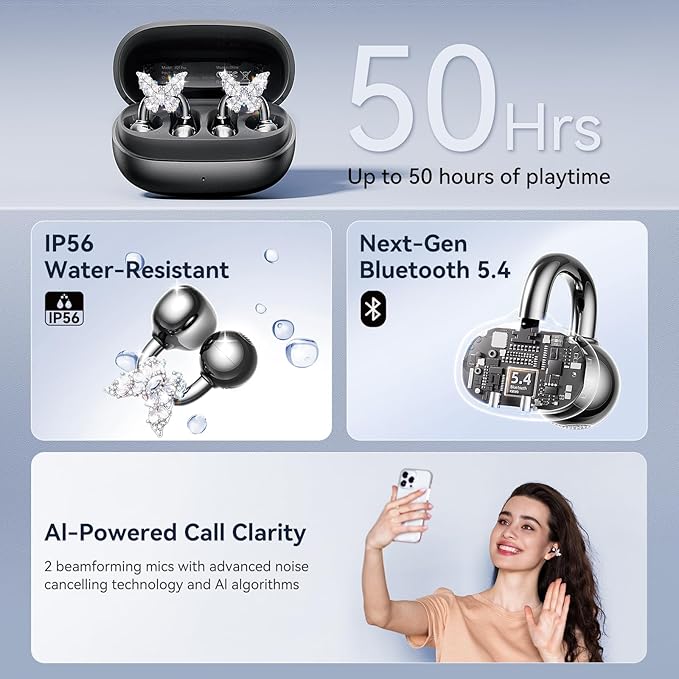 Kinglucky Gen2 Clip-On Earbuds with Butterfly Earrings, Charge & Store Without Removing Earrings, Comfortable Fit & 50H Playtime Open-Ear Bluetooth Headphones for Women, Small Ears, Gifts (Black)
