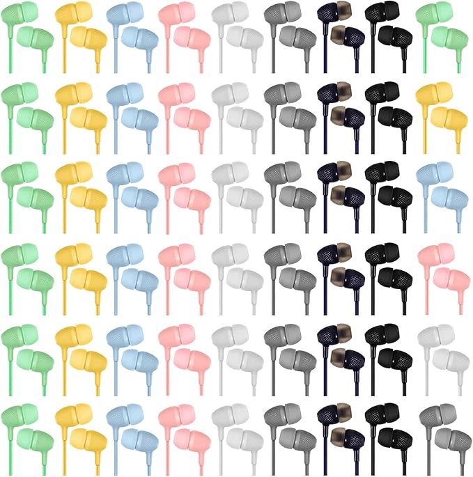 Macarrie 200 Pack Earbuds Bulk Earphones 3.5 mm Classroom Headphones for Adult Assorted Colors Earbud Wired Earphone Without Mic for Adult Office Home Individually Bagged(Multicolor)