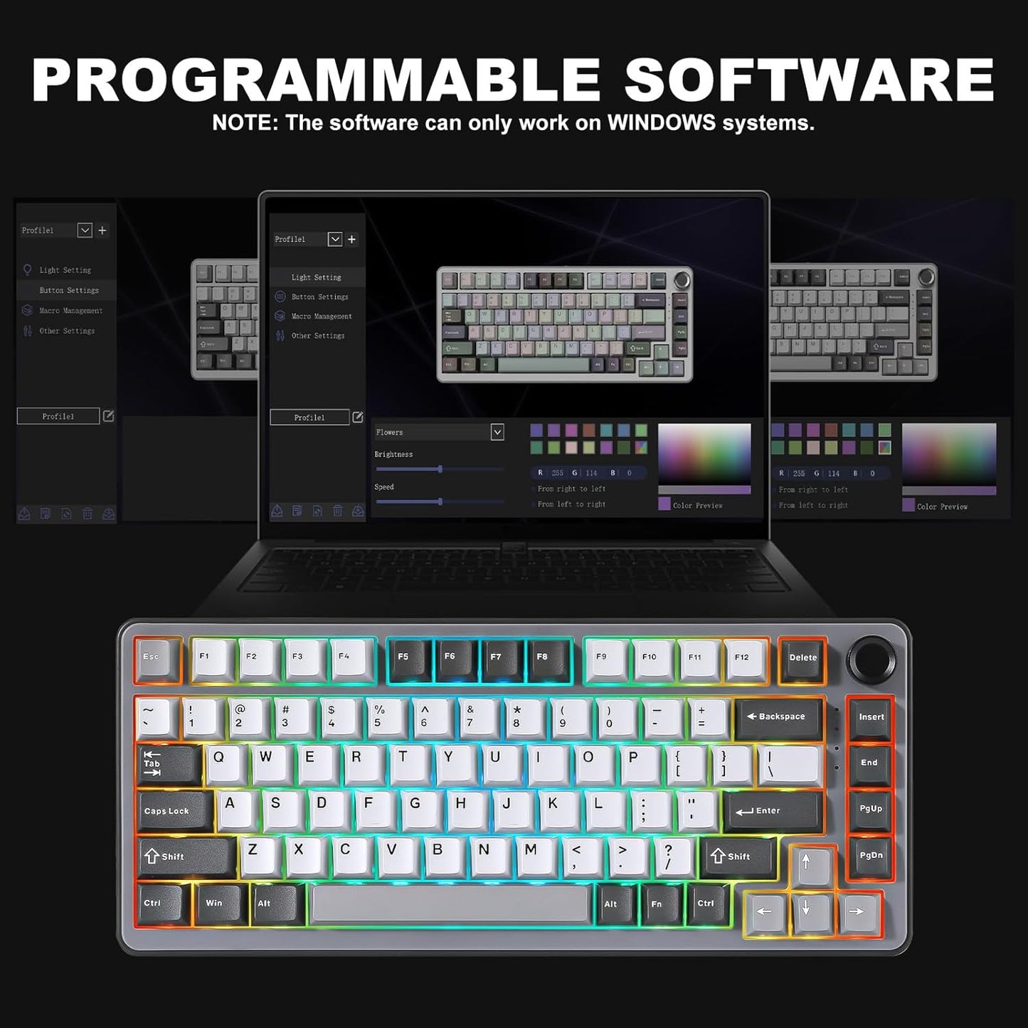 YUNZII B75 PRO Wireless Mechanical Keyboard,75% Layout with Knob,Hot Swap Gasket Structure,Creamy Pre-lubed Switches,RGB Backlit,Bluetooth/Type-C/2.4G for Win/Mac (Dark Grey, Milk Switch)